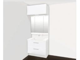 機能性に優れた三面鏡（長寿命・省電力のスリムLED付）と、豊富な収納キャビネットがついたスタイリッシュな洗面化粧台です。※画像はイメージです。