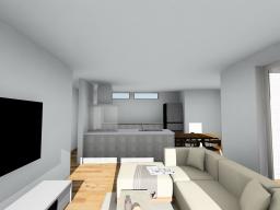 LDK完成予想図　建物価格2,598万円、建物面積105.16㎡※地盤改良費・外構工事費・水道工事費は価格には含まれません。※プラン中の外構・植栽・家具・車・小物などは参考価格に含まれません。