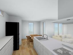 LDK完成予想図　建物価格2,598万円、建物面積105.16㎡※地盤改良費・外構工事費・水道工事費は価格には含まれません。※プラン中の外構・植栽・家具・車・小物などは参考価格に含まれません。