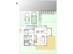 平面建物配置図　建物価格2,598万円、建物面積105.16㎡※地盤改良費・外構工事費・水道工事費は価格には含まれません。※プラン中の外構・植栽・家具・車・小物などは参考価格に含まれません。