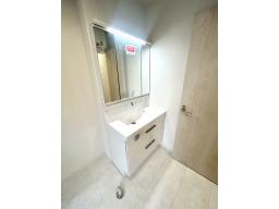 機能性に優れた三面鏡（長寿命・省電力のスリムLED付）と、豊富な収納キャビネットがついたスタイリッシュな洗面化粧台です。