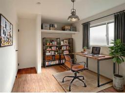 【書斎イメージ】落ち着いた書斎スペース。集中したい時間を静かに支えるひとり時間のための空間です。※掲載の写真は当社施工画像にCGで家具を合成配置したものです。実際にはモデルセッティングはございません。