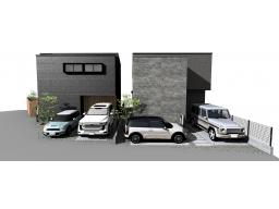 ゼロホームで建てる場合の外観予想図　画像右：3号地　建物面積約103.51㎡　建物価格2498万円(税込)　※なお、上下水道工事・造成工事（土留め）・高基礎・地盤改良工事・外構工事・ポーチ前階段は含まれておりません。