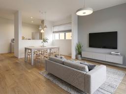 【リビングイメージ】家族が自然と集まる2階リビングは、WOODTECの天然木フローリングが温もりを演出。※掲載の写真は当社施工画像にCGで家具を合成配置したものです。実際にはモデルセッティングはございません。