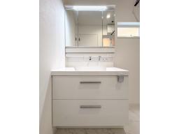 散らかりがちなタオルや小物もすっきり収まる収納と扉付きリネン庫で、洗面まわりはいつもきれい。（写真：II号地）