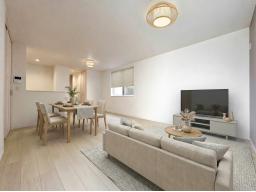 【リビングイメージ】家族が自然と集まる18.7帖の広々リビング。※掲載の写真は当社施工画像にCGで家具を合成配置したものです。実際にはモデルセッティングはございません。