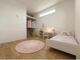 ２階洋室６帖(北側)オープンCL付きで、子ども部屋にも最適です。(※掲載の画像は、完成建物の画像にCGで家具を合成配置したものです。)
