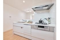 コンロ側を壁に付けたペニンシュラタイプのキッチン。対面の見通しのよさを生かしながら、スペース効率も考えたキッチンです。