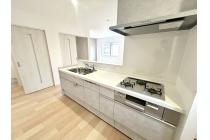 手元から足元までがすべてスライド式で収納力抜群のシステムキッチン。３口コンロ（無水両面焼きグリル）・食器洗い乾燥機・オールインワン浄水栓付きです。