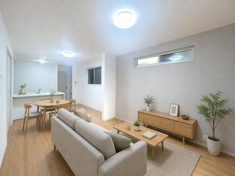 ご家族みんながゆったりくつろげる17.5帖の広々リビング。　(※掲載の画像は、完成建物の画像にCGで家具を合成配置したものです。)