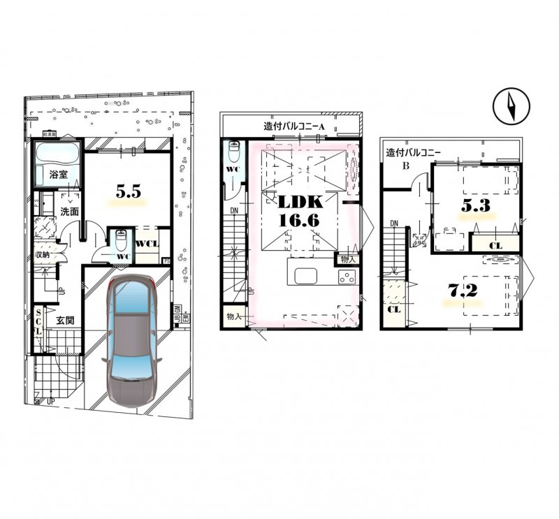 ※間取り図・パース・写真中に車や家具を掲載の場合は、配置例を示したもので実際に設置されているわけではありません。特にコメントがない場合は家具や車などは販売価格に含まれません。