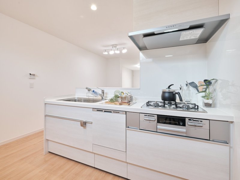 手元から足元までがすべてスライド式で収納力抜群のシステムキッチン。３口コンロ（無水両面焼きグリル）・食器洗い乾燥機・オールインワン浄水栓付きです。