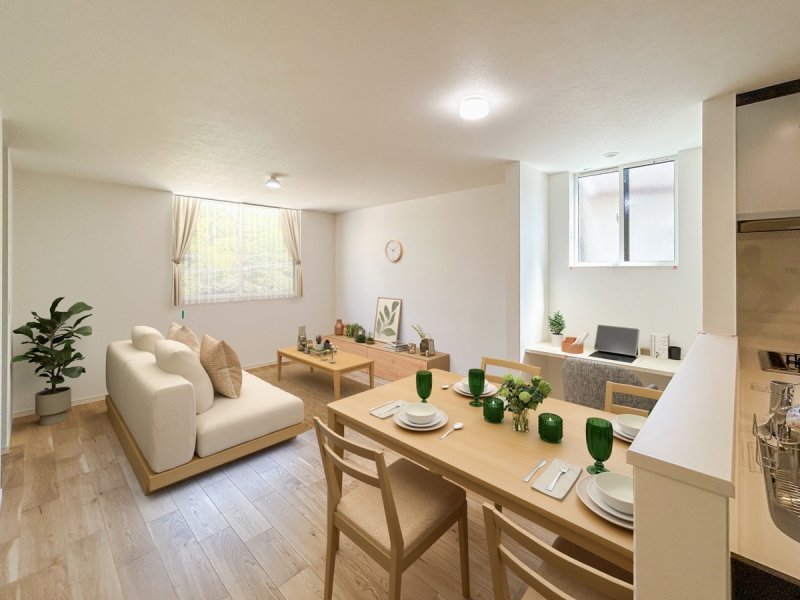 【バーチャル写真（LDK）】掲載のモデルハウス画像は、完成建物の画像にCGで家具を合成配置したものです。実際にはモデルセッティングはございませんので、ご了承ください。　