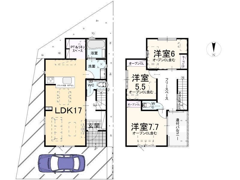 【間取図】※間取り図・パース・写真中に車や家具を掲載の場合は、配置例を示したもので実際に設置されているわけではありません。特にコメントがない場合は家具や車などは販売価格に含まれません。
