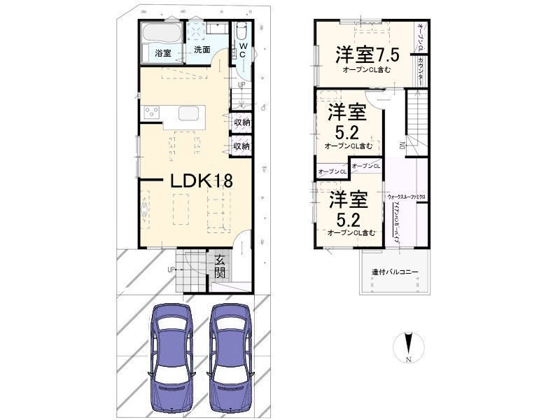 【間取図】※間取り図・パース・写真中に車や家具を掲載の場合は、配置例を示したもので実際に設置されているわけではありません。特にコメントがない場合は家具や車などは販売価格に含まれません。