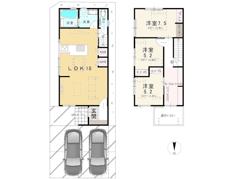 【間取図】※間取り図・パース・写真中に車や家具を掲載の場合は、配置例を示したもので実際に設置されているわけではありません。特にコメントがない場合は家具や車などは販売価格に含まれません。