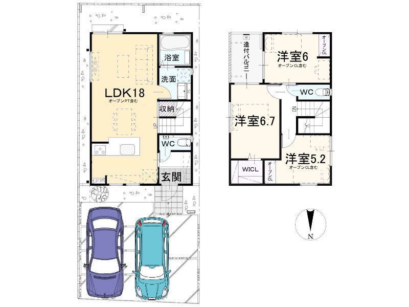 【1号地間取り】※間取り図・パース・写真中に車や家具を掲載の場合は、配置例を示したもので実際に設置されているわけではありません。特にコメントがない場合は家具や車などは販売価格に含まれません。