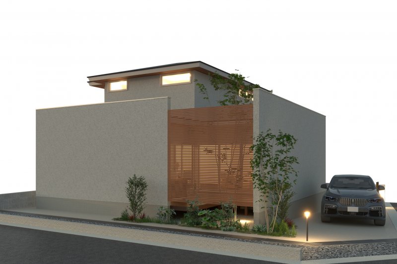 【ゼロホームで建てる場合】の建物参考プラン例外観完成予想図　建物プラン例　建物面積約124.00㎡　建物価格3696万円(税込)　※なお、上下水道工事・造成工事（土留め）・高基礎・地盤改良工事・外構工事・ポーチ前階段は含まれておりません。