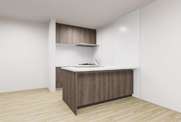 Ⅱ型対面式キッチンで作業効率とコミュニケーションを両立。3口ガスコンロ（無水両面焼きグリル）・食器洗い乾燥機・浄水器一体型水栓を搭載。※画像はイメージです。