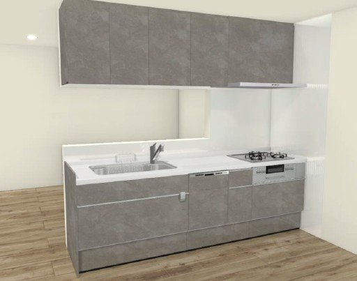 手元から足元までがすべてスライド式で収納力抜群のシステムキッチン。３口コンロ（無水両面焼きグリル）・食器洗い乾燥機・オールインワン浄水栓付きです。※画像はイメージです。