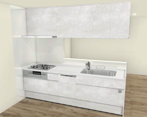 手元から足元までがすべてスライド式で収納力抜群のシステムキッチン。３口コンロ（無水両面焼きグリル）・食器洗い乾燥機・オールインワン浄水栓付きです。※画像はイメージです。