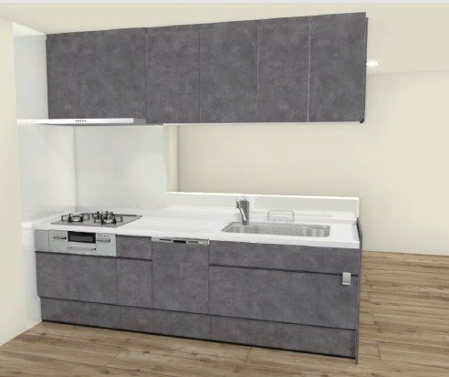 手元から足元までがすべてスライド式で収納力抜群のシステムキッチン。３口コンロ（無水両面焼きグリル）・食器洗い乾燥機・オールインワン浄水栓付きです。※画像はイメージです。