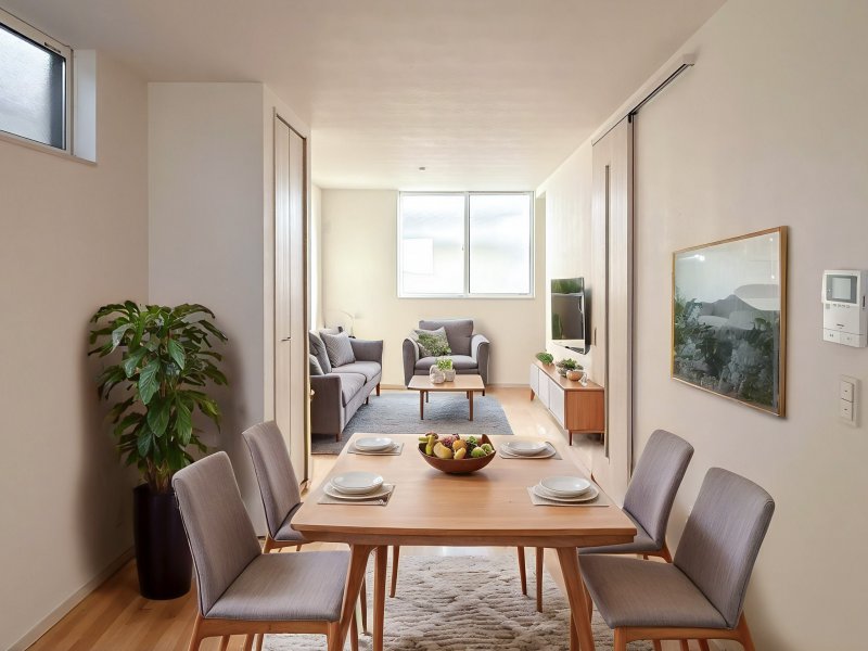 キッチンからリビングダイニング全体が見渡せる設計。料理をしながら、宿題をする子どもの様子を見守れます。※掲載の写真は現地写真にCGで家具を配置したイメージです。実際にはモデルセッティングはございません