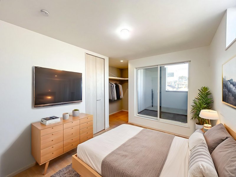 一日の終わりを静かに過ごせる、落ち着いた主寝室。（写真：３階７．６帖洋室）※掲載の写真は現地写真にCGで家具を配置したイメージです。実際にはモデルセッティングはございません。