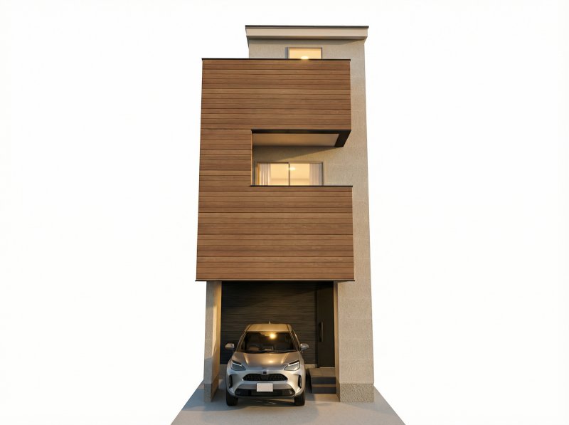 【完成予想図】※外観完成予想CGは図面を基に作成し、車はイメージとして配置したものです（実際には含まれません）。また、風景・建物・植栽等は実際と異なる場合がございます。