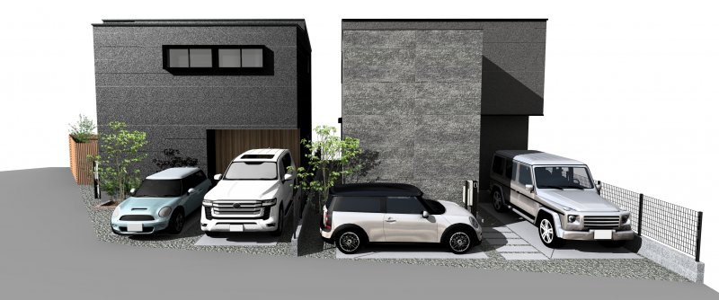 ゼロホームで建てる場合の外観予想図　画像左：4号地　建物面積約93.98㎡　建物価格2348万円(税込)　※なお、上下水道工事・造成工事（土留め）・高基礎・地盤改良工事・外構工事・ポーチ前階段は含まれておりません。