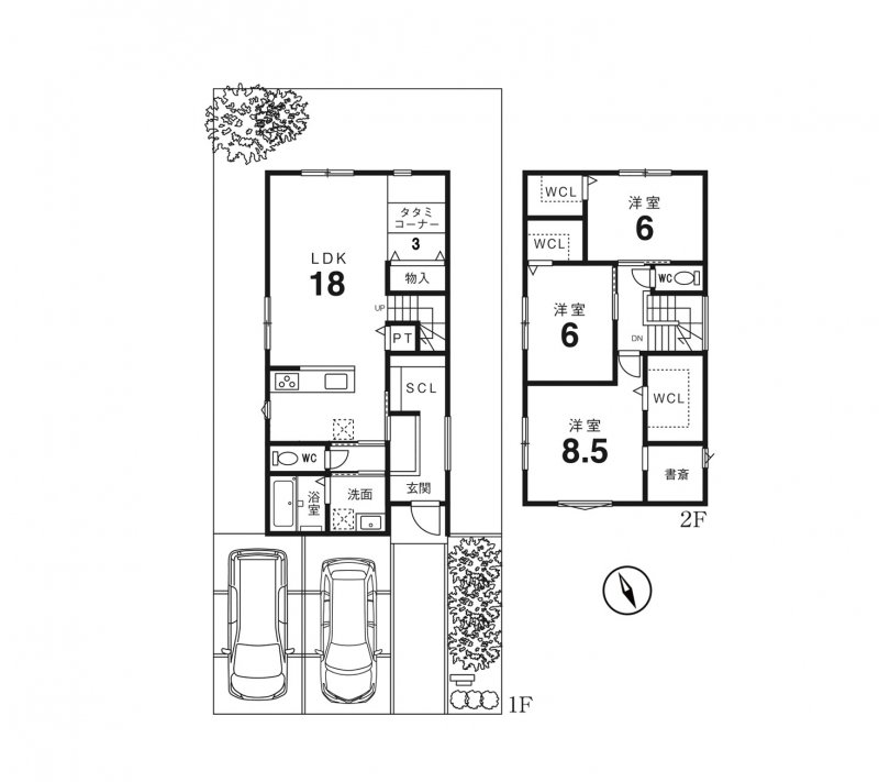 【建物プラン例】　 建物価格2277万円、建物面積112.61m2 ※プラン中の外構・植栽・家具・車・小物などは参考価格に含まれません。