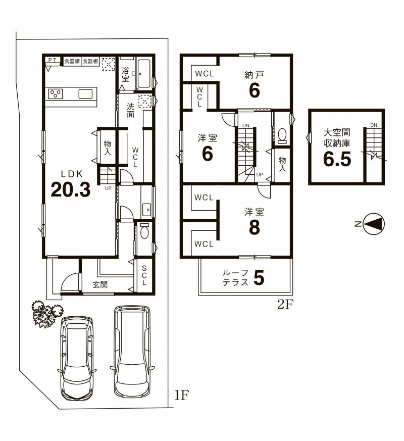 建物プラン例 建物価格2819万円、建物面積115.92m2 ※プラン中の外構・植栽・家具・車・小物などは参考価格に含まれません。