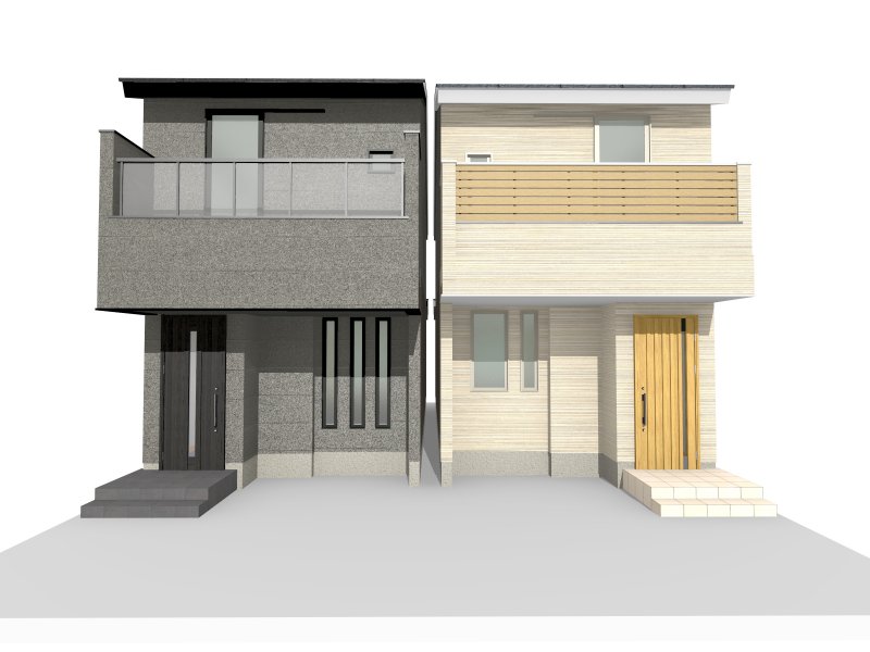 完成イメージ／左：1号地、右：2号地(※掲載のＣＧパースは図面を基に描き起こしたもので実際とは多少異なります。)