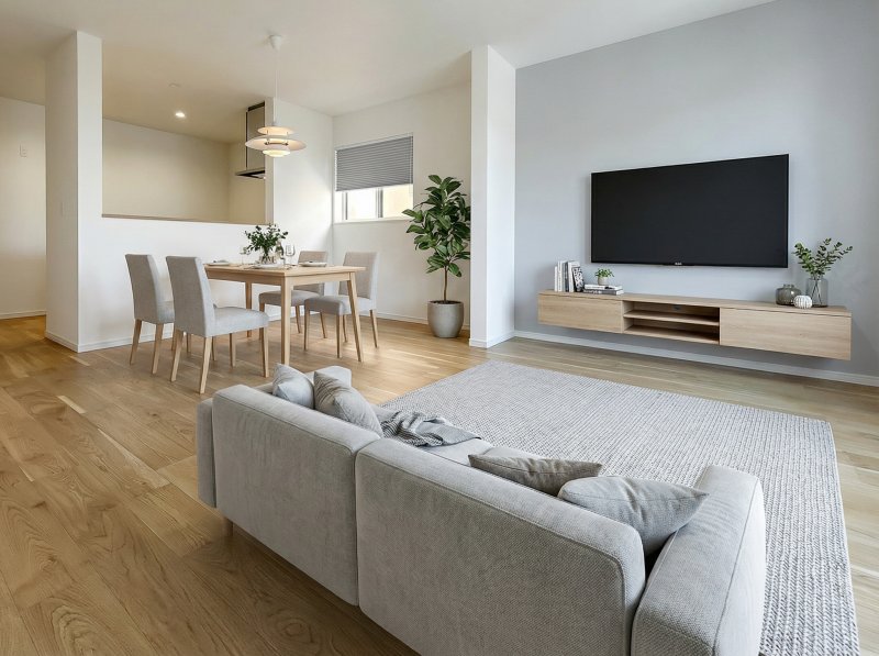 【リビングイメージ】家族が自然と集まる2階リビングは、WOODTECの天然木フローリングが温もりを演出。※掲載の写真は当社施工画像にCGで家具を合成配置したものです。実際にはモデルセッティングはございません。