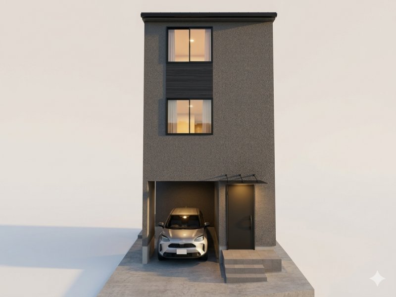 ※外観完成予想CGは、図面を基に描き起こしたものに車を配置したものです。実際には車は含まれませんので、ご了承ください。またイメージ図につき、風景、建物、植栽などについては施工後の現物との差異が生じます