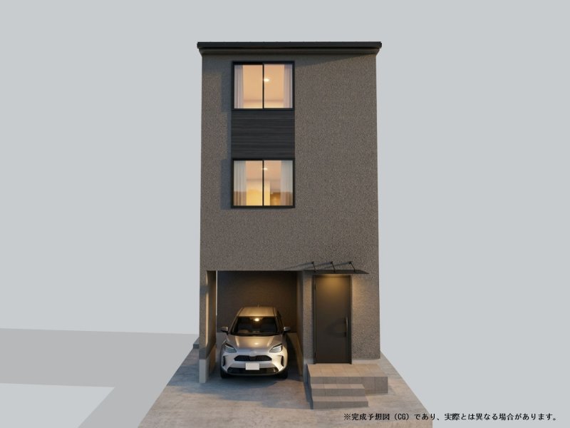 ※外観完成予想CGは、図面を基に描き起こしたもので実際とは異なる場合がございます。また車はイメージとして配置したものです（実際には含まれません）。