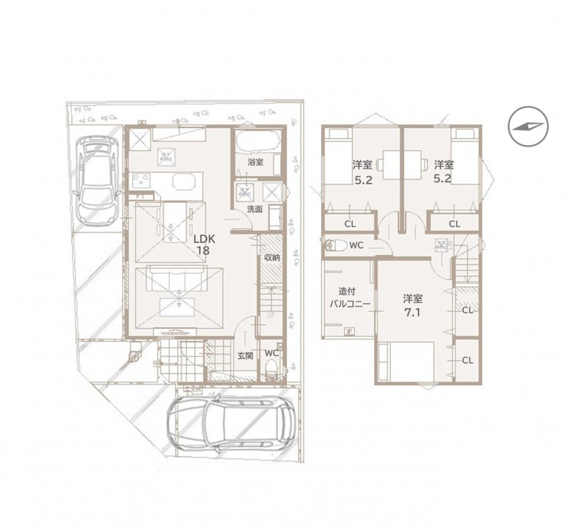 ※間取り図・パース・写真中に車や家具を掲載の場合は、配置例を示したもので実際に設置されているわけではありません。特にコメントがない場合は家具や車などは販売価格に含まれません。