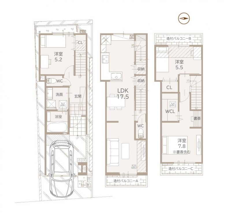 ※間取り図・パース・写真中に車や家具を掲載の場合は、配置例を示したもので実際に設置されているわけではありません。特にコメントがない場合は家具や車などは販売価格に含まれません。