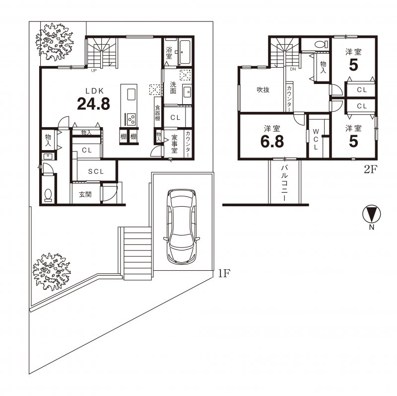 【ゼロホームで建てた場合】建物参考プラン例　 建物価格2459万円、建物面積85.21m2 ※プラン中の外構・植栽・家具・車・小物などは参考価格に含まれません。