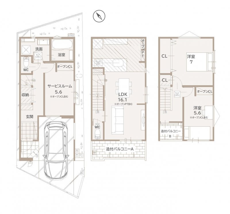 ※間取り図・パース・写真中に車や家具を掲載の場合は、配置例を示したもので実際に設置されているわけではありません。特にコメントがない場合は家具や車などは販売価格に含まれません。