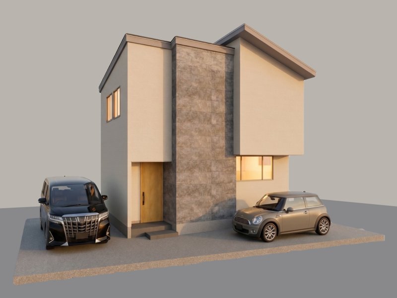 ※外観完成予想CGは図面を基に作成し、車はイメージとして配置したものです（実際には含まれません）。また、風景・建物・植栽等は実際と異なる場合がございます。