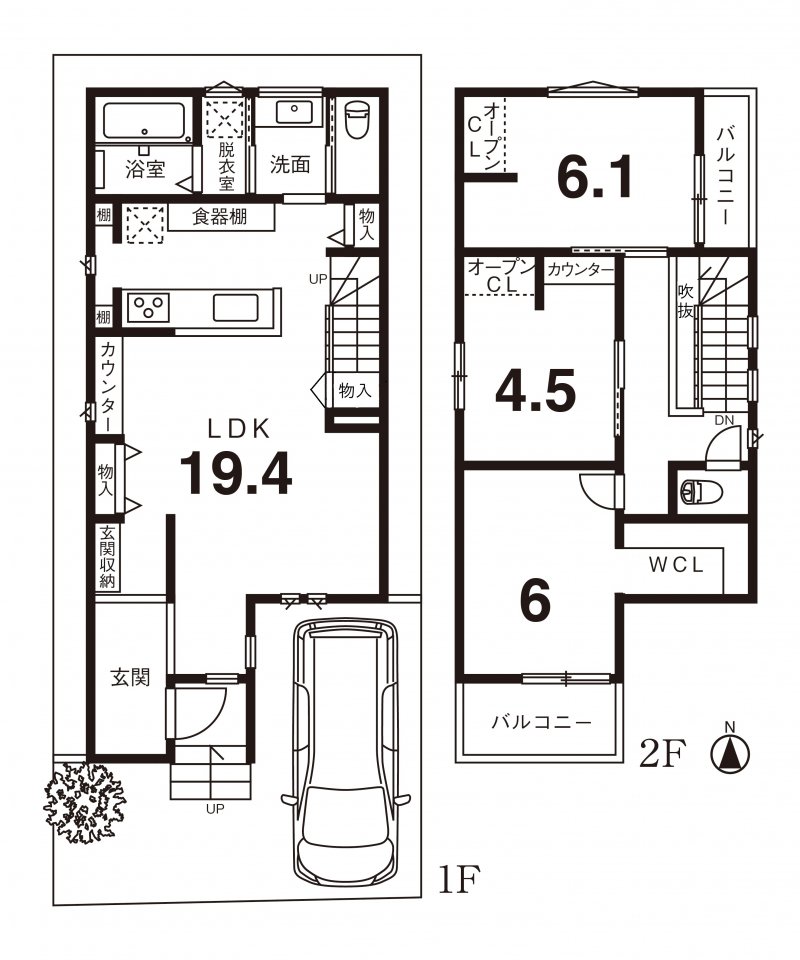 建物プラン例　 建物価格2499万円、建物面積92.11m2 ※プラン中の外構・植栽・家具・車・小物などは参考価格に含まれません。