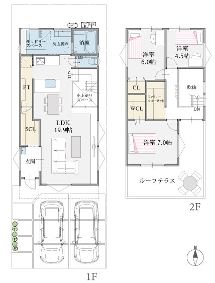 【建築プラン例】建物価格：2880万円／建延面積：103.71m2(31.37坪)※地盤改良費・外構工事費・水道工事費は価格には含まれません。