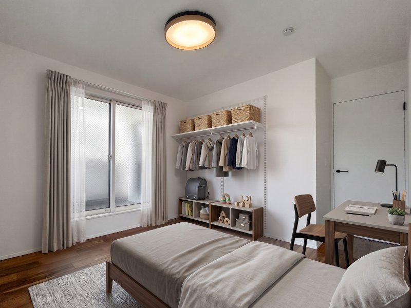 【子供部屋】バルコニーに面した明るいお部屋　 ※掲載の写真は実際の現地写真にCGで家具を合成配置したものです。実際にはモデルセッティングはございません。（３階洋室6.6帖）