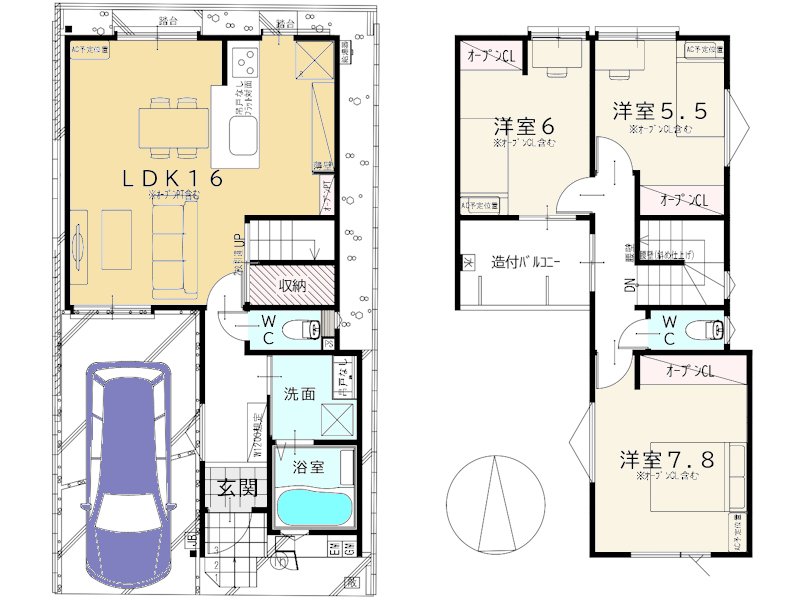 ※間取り図・パース・写真中に車や家具を掲載の場合は、配置例を示したもので実際に設置されているわけではありません。特にコメントがない場合は家具や車などは販売価格に含まれません