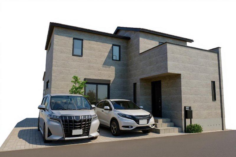 建物参考プラン例で建てた場合の完成イメージ(※掲載のＣＧパースは図面を基に描き起こしたもので実際とは多少異なります。植栽は、特定の季節やご入居時の状態を想定して描かれたものではありません。)