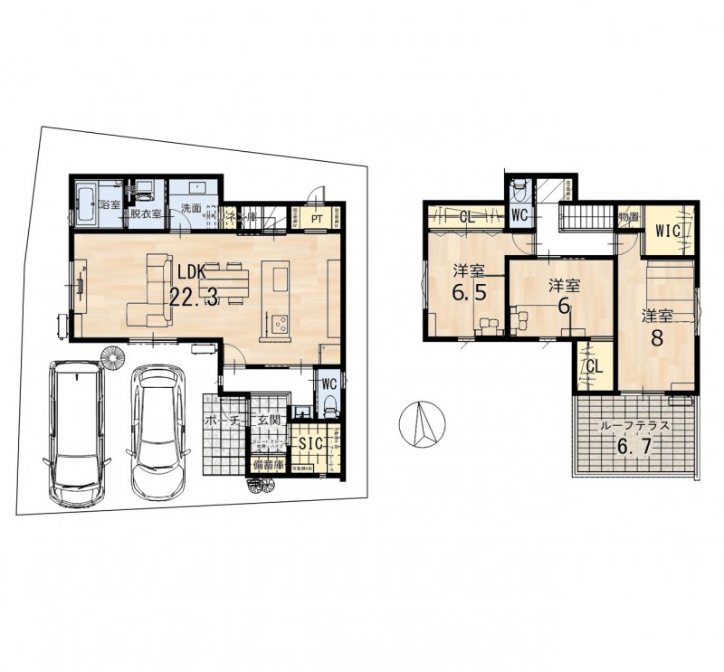 建物参考プラン例　■建物価格：2,959万円　■建延面積：112.07㎡(33.90坪)