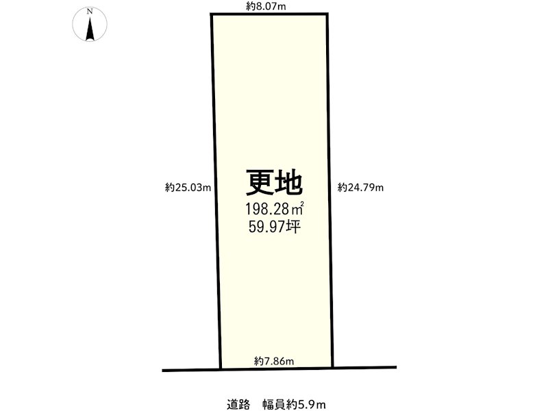 【区画図】北大路駅徒歩7分。イオンモール北大路や紫明小学校が徒歩圏にそろう、約59.97坪の建築条件なし売土地です。