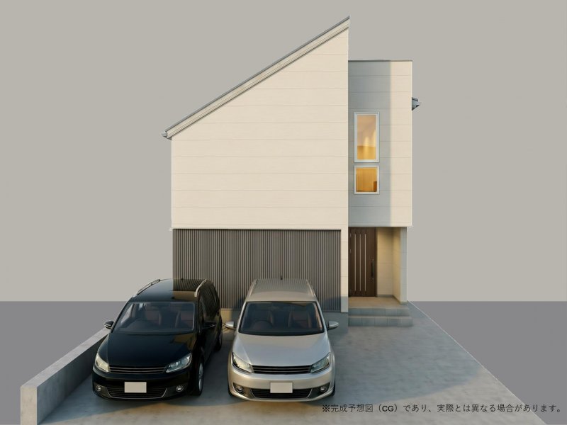 デザイン性の高いスタイリッシュモダンな外観。揺れを吸収して建物の損傷を抑える制震ダンパーを採用し、安心して暮らせる住まいです。※外観完成予想CGは、図面を基に描き起こしたもので実際とは多少異なります。
