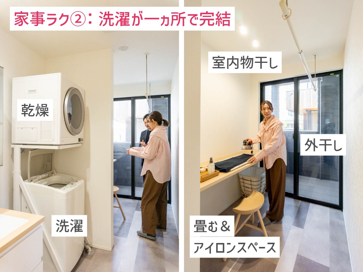 洗濯・乾燥・室内干し・外干しができるランドリールーム